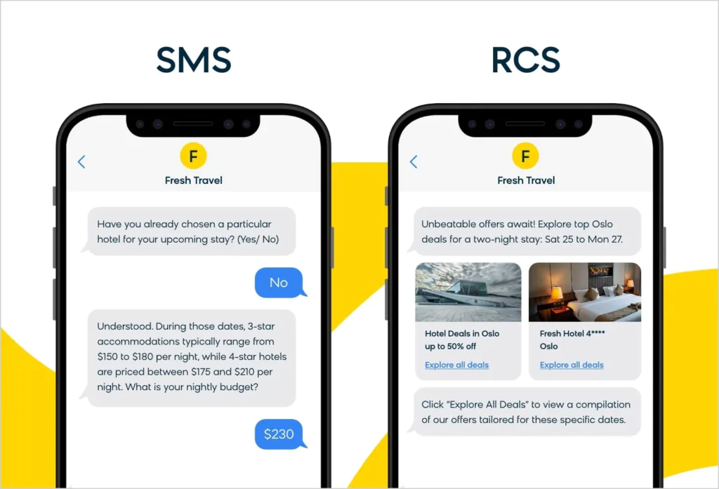 Exemplo prático de como o RCS oferece uma experiência de comunicação mais interativa e visual em comparação ao SMS tradicional.