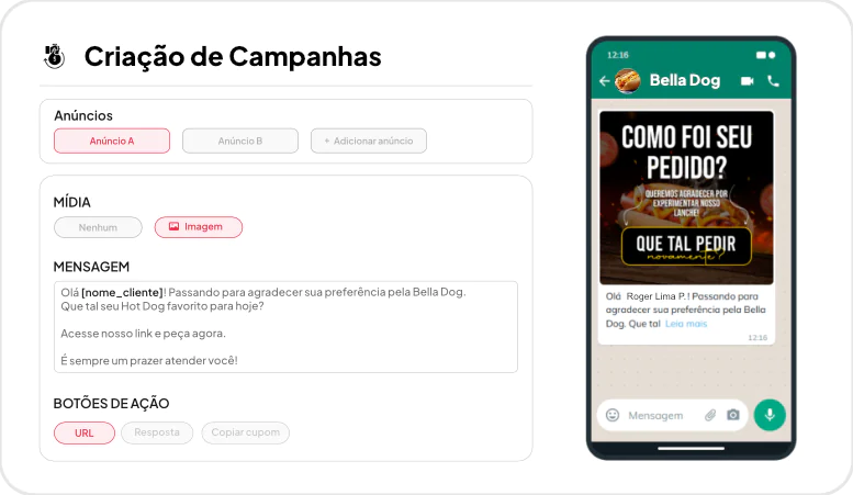 Builder de campanha da Repediu com personalização por cliente — nome, produto favorito e cupom